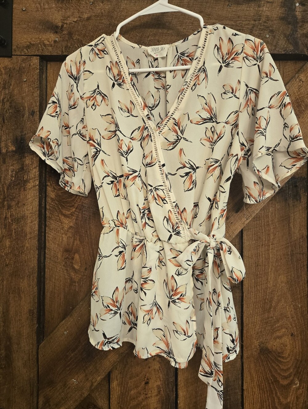 Cream Floral Wrap Top with Orange Accents